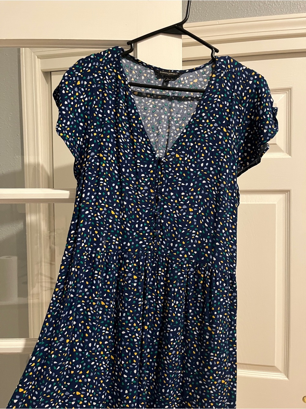 Banana Republic Blue Printed V-Neck Tiered Dress with Button Detail